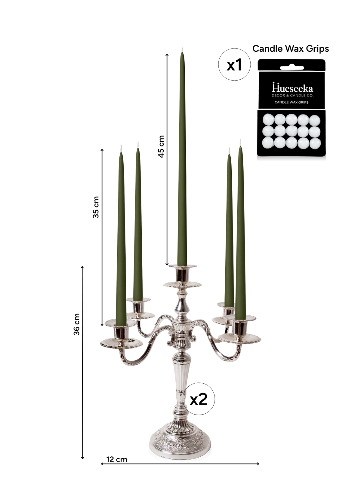 Olive 35cm & 45cm Taper Candles with Antique Silver Charlotte 5-Arm Candelabra - Set of 2 Pack of 10