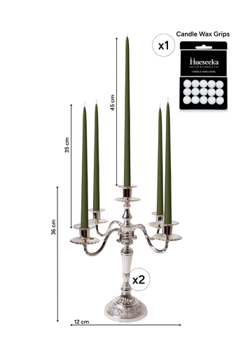 Olive 35cm & 45cm Taper Candles with Antique Silver Charlotte 5-Arm Candelabra - Set of 2 Pack of 10