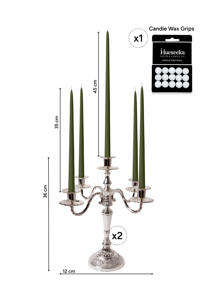 Olive 35cm & 45cm Taper Candles with Antique Silver Charlotte 5-Arm Candelabra - Set of 2 Pack of 10