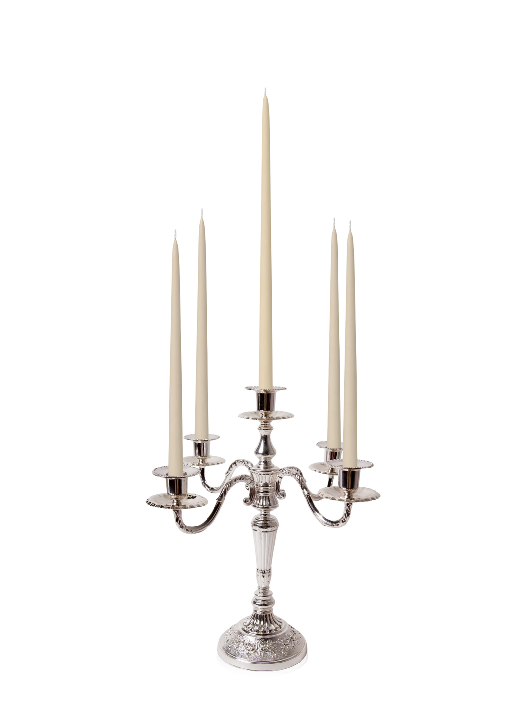 Sandstone 35cm & 45cm Taper Candles with Antique Silver Charlotte 5-Arm Candelabra - Set of 2 Pack of 10