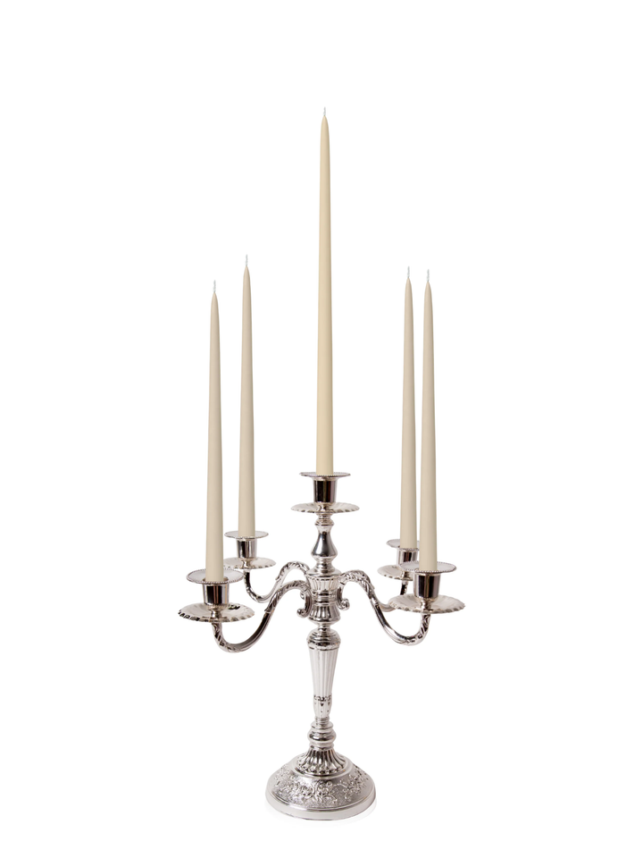Sandstone 35cm & 45cm Taper Candles with Antique Silver Charlotte 5-Arm Candelabra - Set of 2 Pack of 10