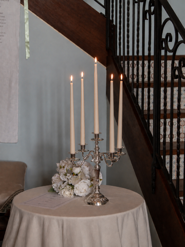 Sandstone 35cm & 45cm Taper Candles with Antique Silver Charlotte 5-Arm Candelabra - Set of 2 Pack of 10