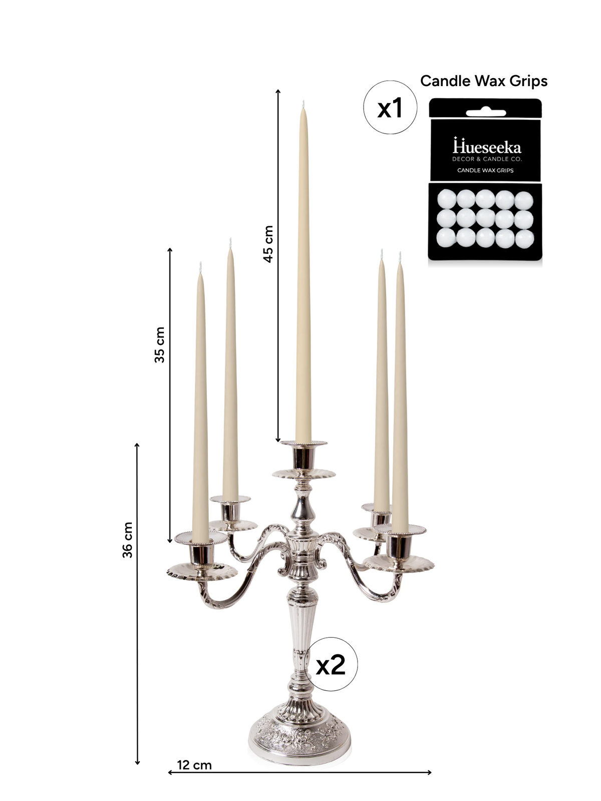 Sandstone 35cm & 45cm Taper Candles with Antique Silver Charlotte 5-Arm Candelabra - Set of 2