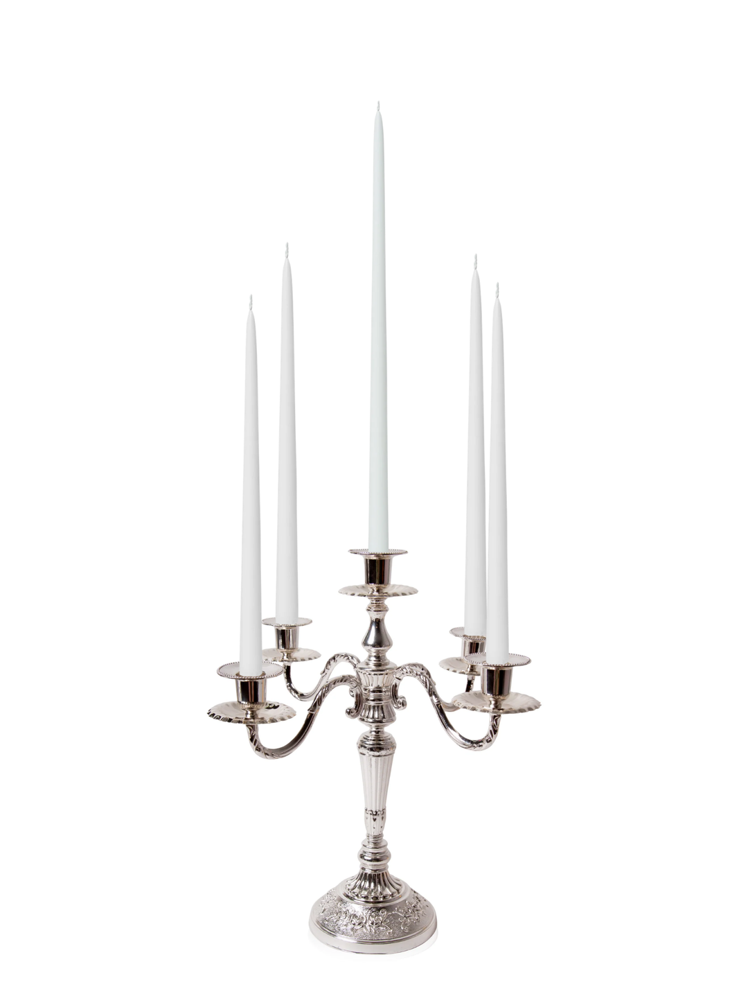White 35cm & 45cm Taper Candles with Antique Silver Charlotte 5-Arm Candelabra - Set of 2 Pack of 10