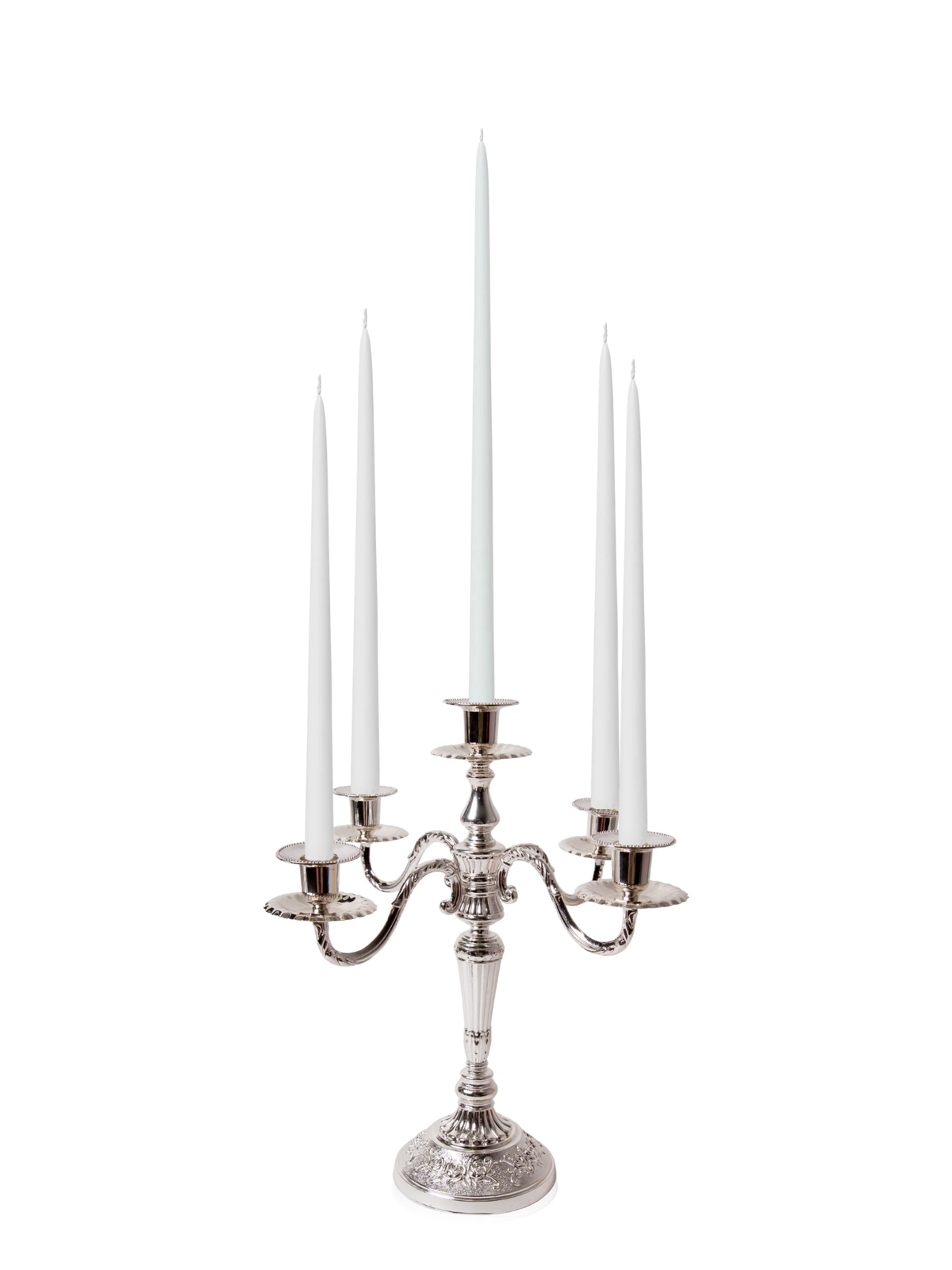 White 35cm & 45cm Taper Candles with Antique Silver Charlotte 5-Arm Candelabra - Set of 2 Pack of 10