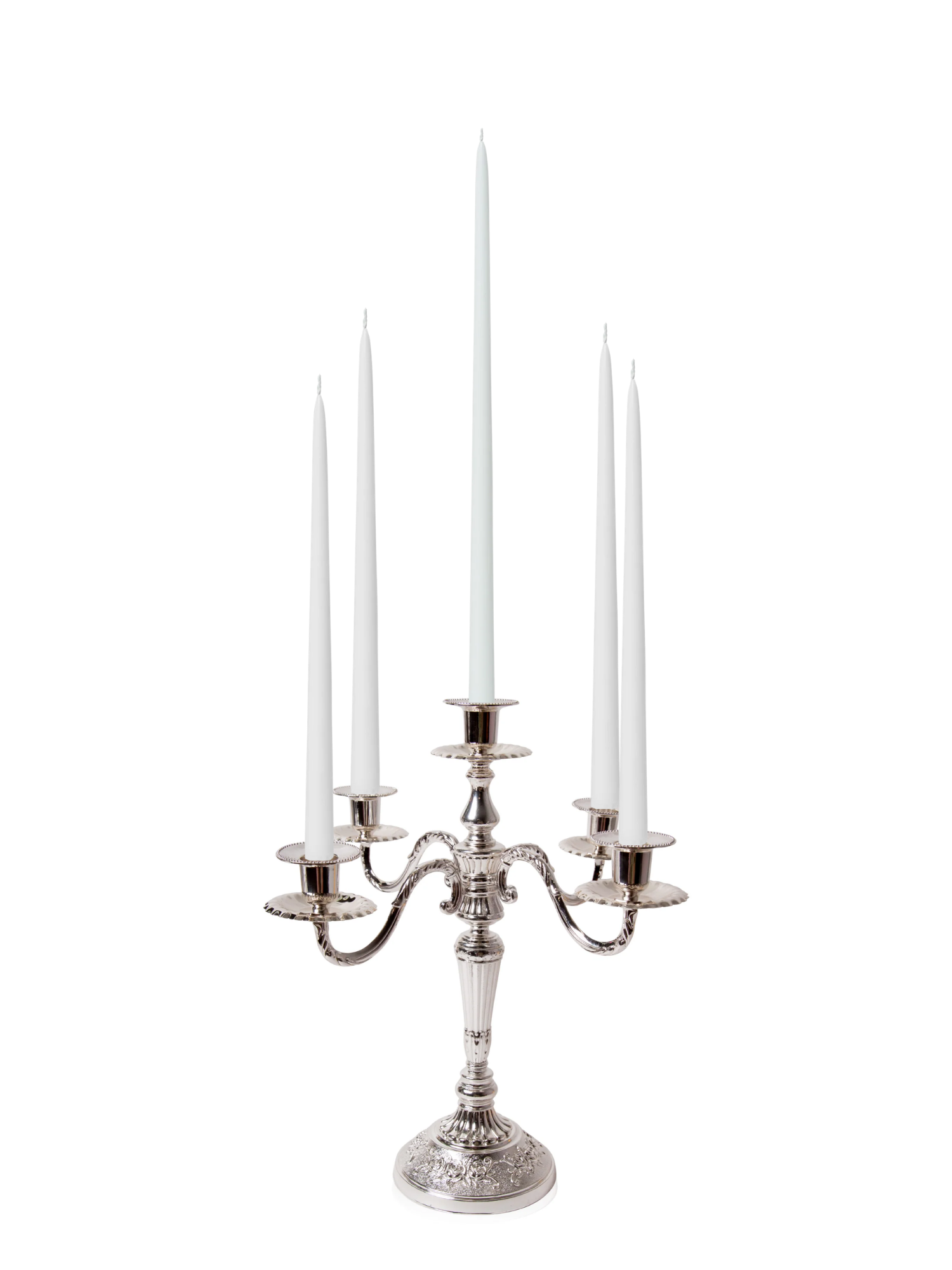 White 35cm & 45cm Taper Candles with Antique Silver Charlotte 5-Arm Candelabra - Set of 2 Pack of 10