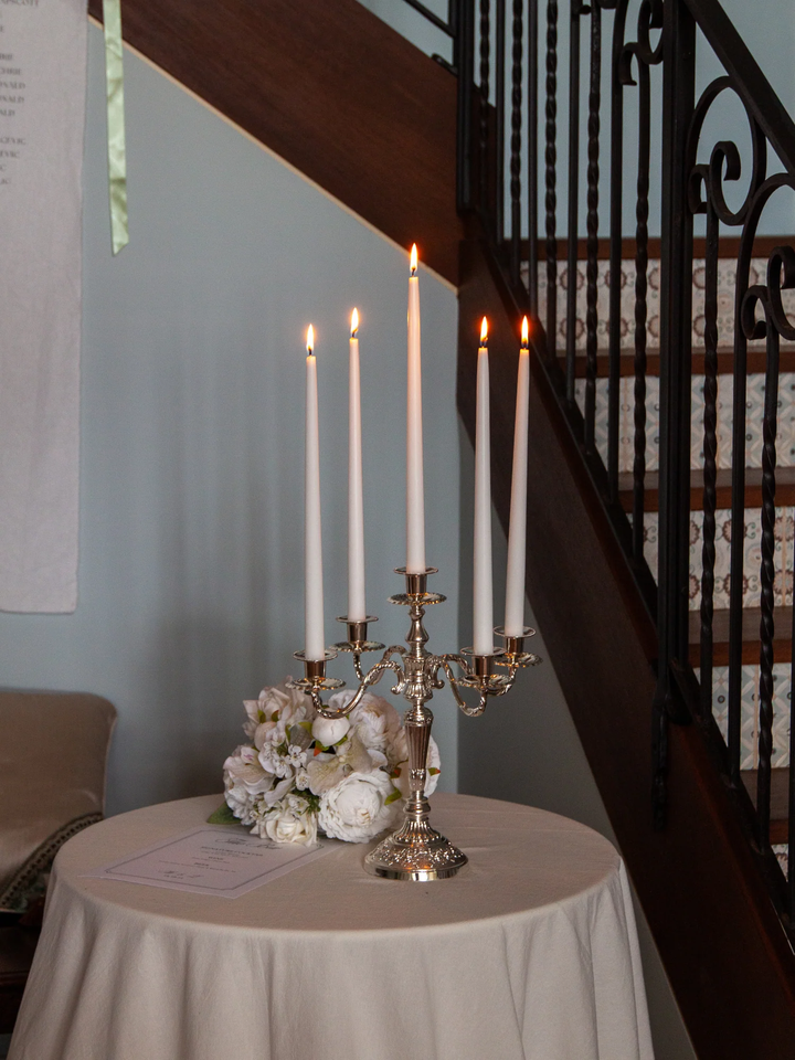 White 35cm & 45cm Taper Candles with Antique Silver Charlotte 5-Arm Candelabra - Set of 2 Pack of 10