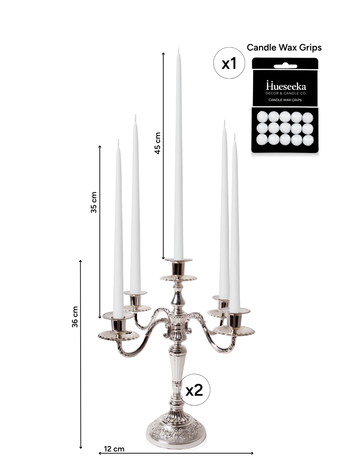 White 35cm & 45cm Taper Candles with Antique Silver Charlotte 5-Arm Candelabra - Set of 2 Pack of 10