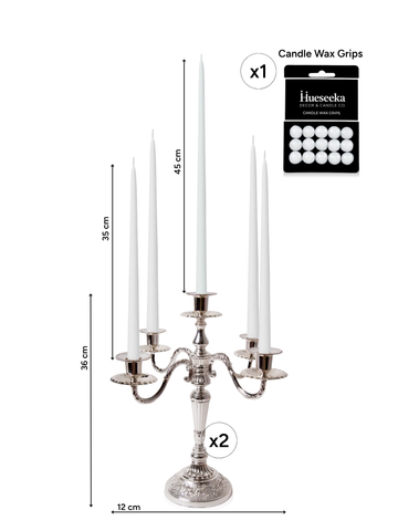 White 35cm & 45cm Taper Candles with Antique Silver Charlotte 5-Arm Candelabra - Set of 2 Pack of 10