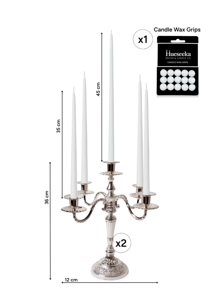 White 35cm & 45cm Taper Candles with Antique Silver Charlotte 5-Arm Candelabra - Set of 2 Pack of 10