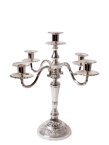 Sandstone 35cm & 45cm Taper Candles with Antique Silver Charlotte 5-Arm Candelabra - Set of 2