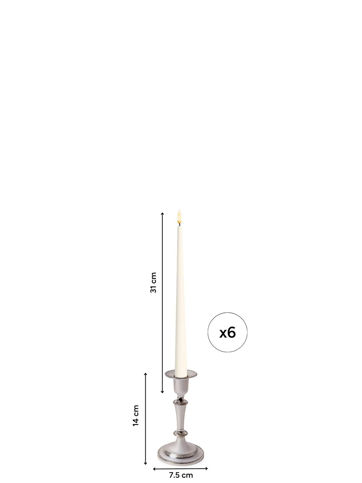 Ivory 31cm LED Taper Candles with Medium Antique Silver Eloise Candle Holders - Set of 6