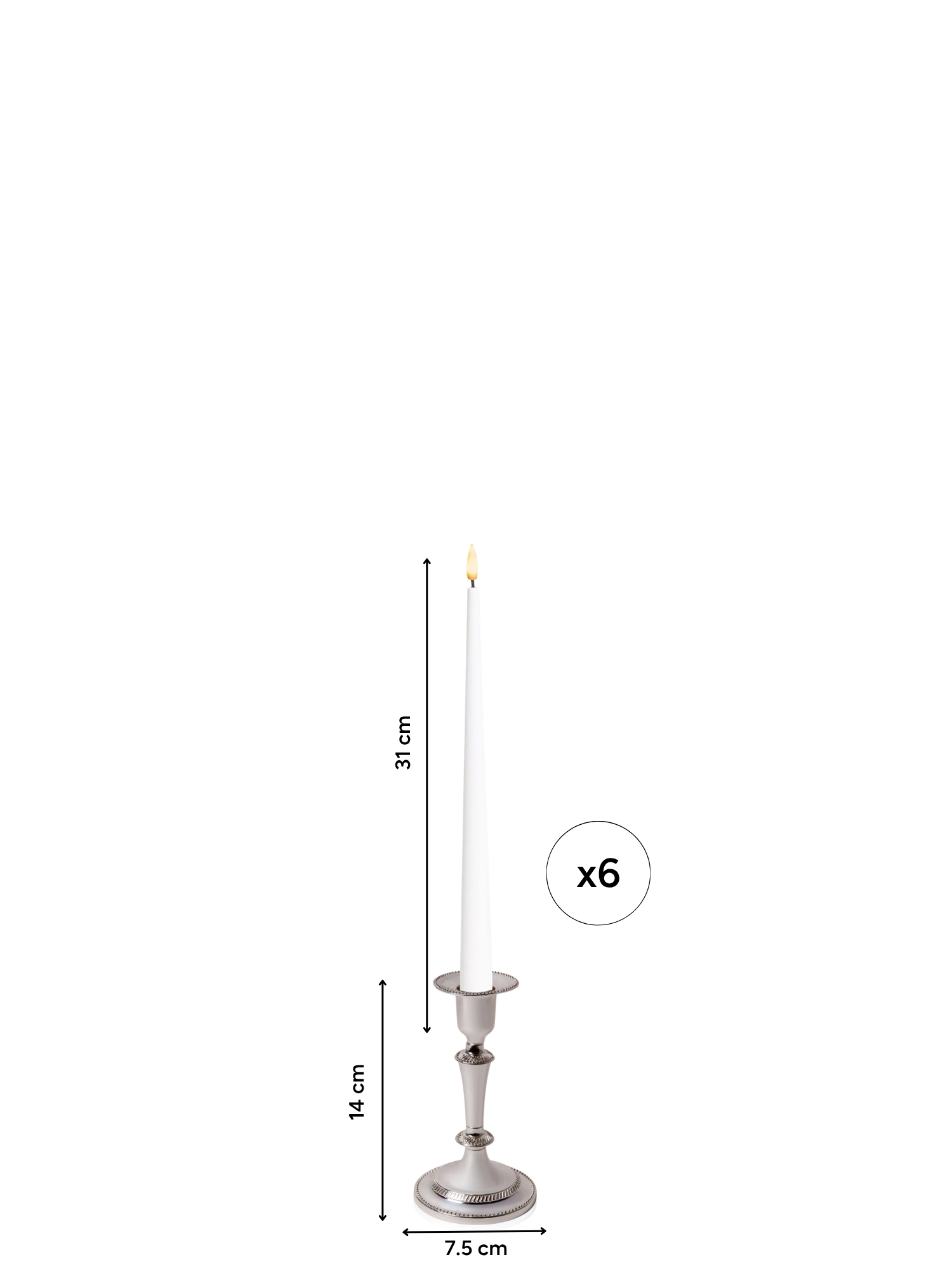 White 31cm LED Taper Candles with Medium Antique Silver Eloise Candle Holders - Set of 6