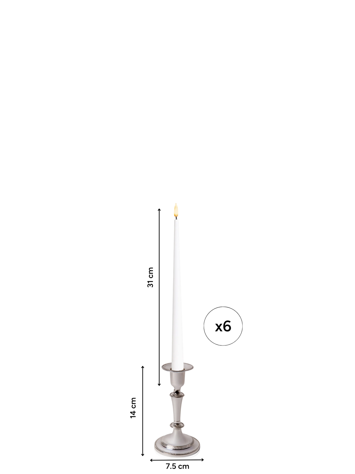 White 31cm LED Taper Candles with Medium Antique Silver Eloise Candle Holders - Set of 6