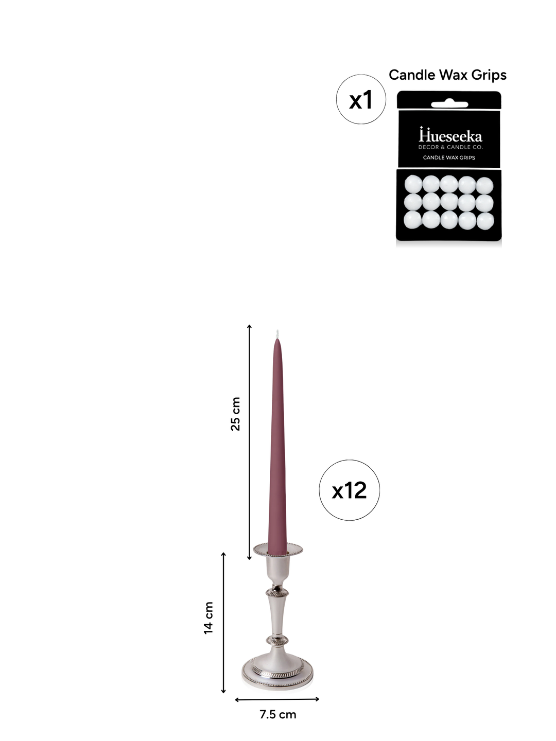 Burgundy 25cm Taper Candles with Medium Antique Silver Eloise Candle Holders and Sleeves - Set of 12 Pack of 12