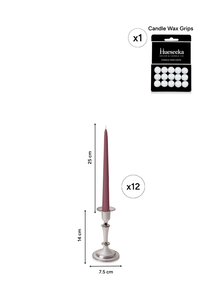 Burgundy 25cm Taper Candles with Medium Antique Silver Eloise Candle Holders - Set of 12 Pack of 12