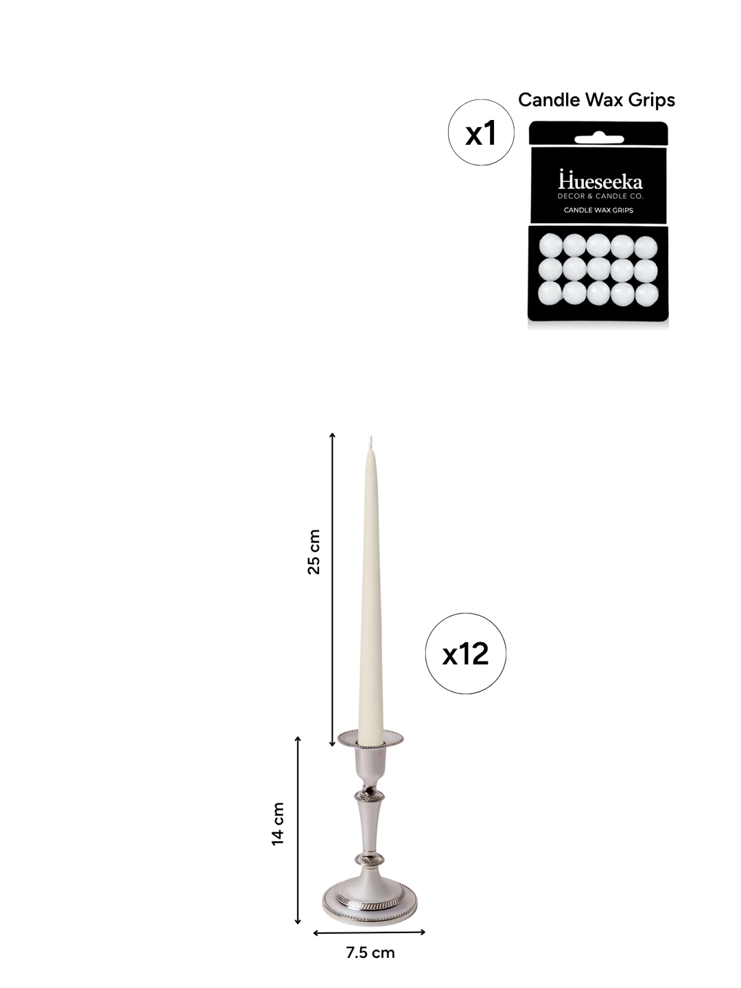 Ivory 25cm Taper Candles with Medium Antique Silver Eloise Candle Holders - Set of 12 Pack of 12