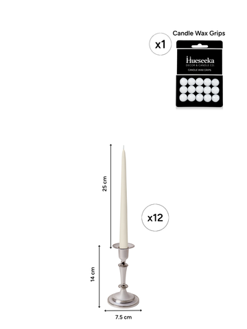 Ivory 25cm Taper Candles with Medium Antique Silver Eloise Candle Holders - Set of 12 Pack of 12