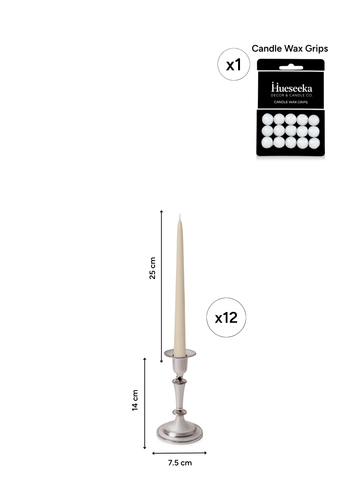 Sandstone 25cm Taper Candles with Medium Antique Silver Eloise Candle Holders and Sleeves - Set of 12 Pack of 12