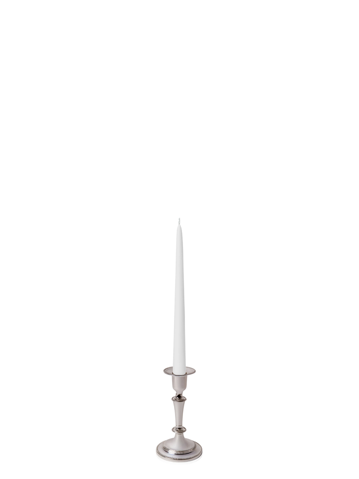 White 25cm Taper Candles with Medium Antique Silver Eloise Candle Holders - Set of 12 Pack of 12