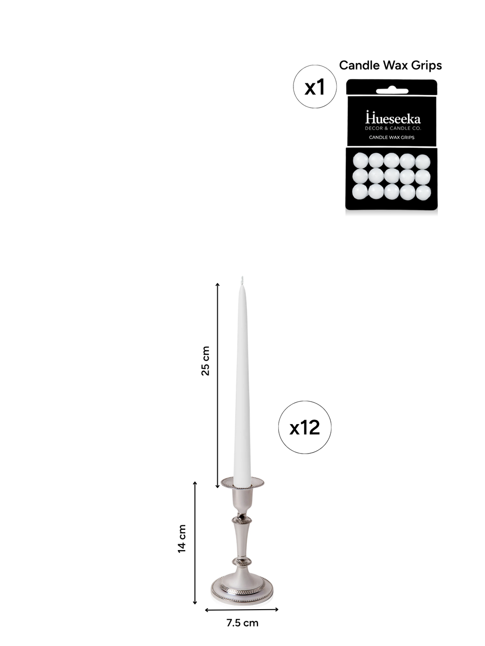 White 25cm Taper Candles with Medium Antique Silver Eloise Candle Holders - Set of 12 Pack of 12
