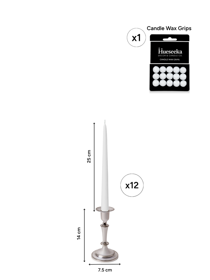 White 25cm Taper Candles with Medium Antique Silver Eloise Candle Holders - Set of 12 Pack of 12