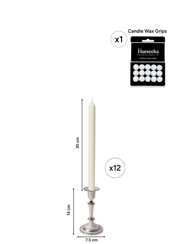 Ivory 30cm Dinner Candles with Medium Antique Silver Eloise Candle Holders and Sleeves - Set of 12 Pack of 12