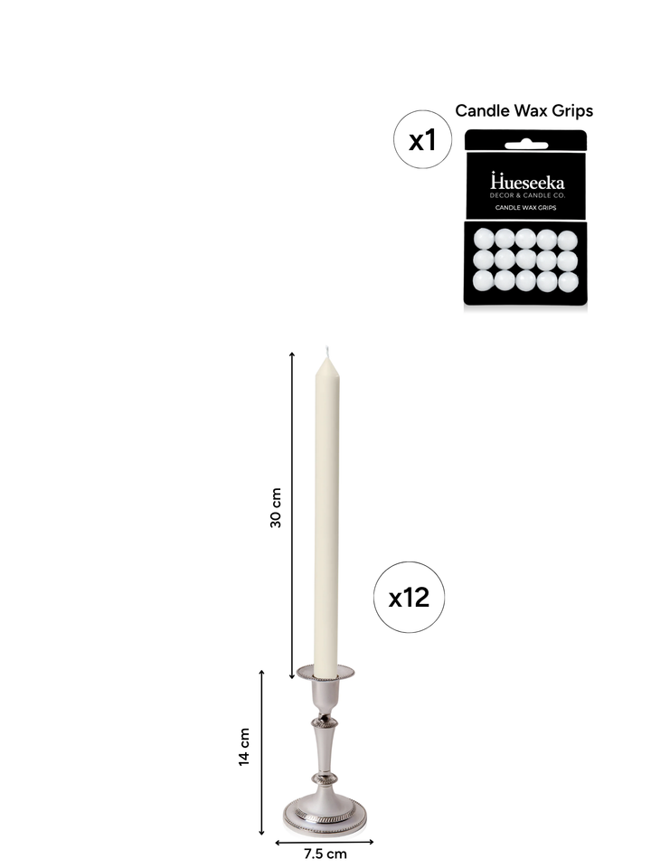 Ivory 30cm Dinner Candles with Medium Antique Silver Eloise Candle Holders - Set of 12 Pack of 12