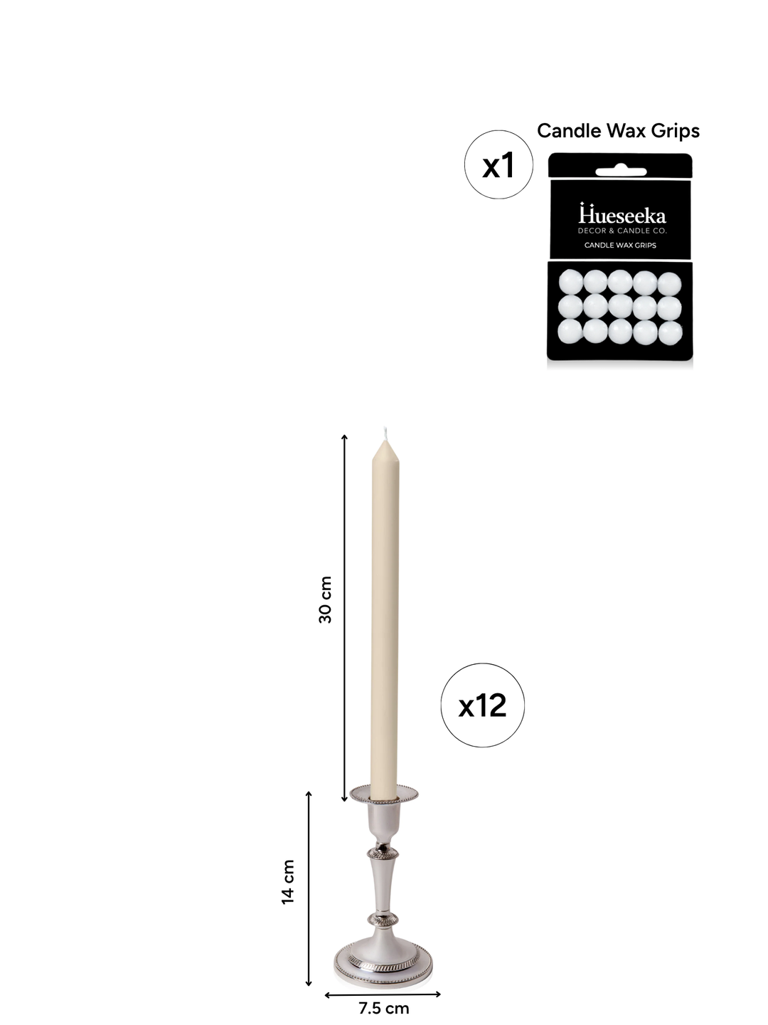 Sandstone 30cm Dinner Candles with Medium Antique Silver Eloise Candle Holders and Sleeves - Set of 12 Pack of 12