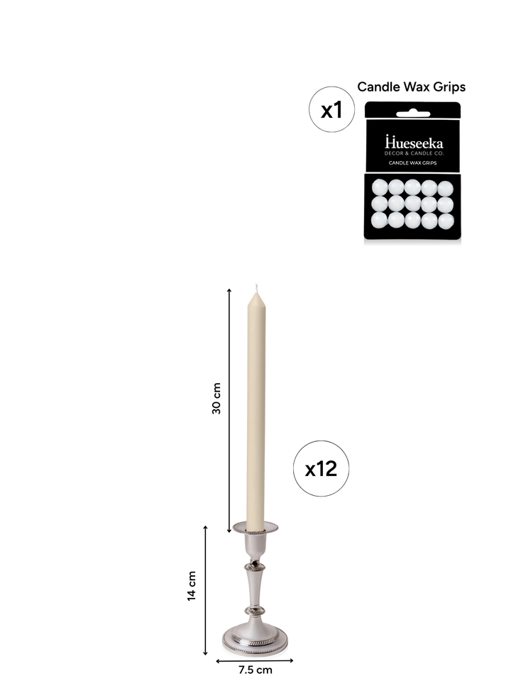 Sandstone 30cm Dinner Candles with Medium Antique Silver Eloise Candle Holders - Set of 12 Pack of 12