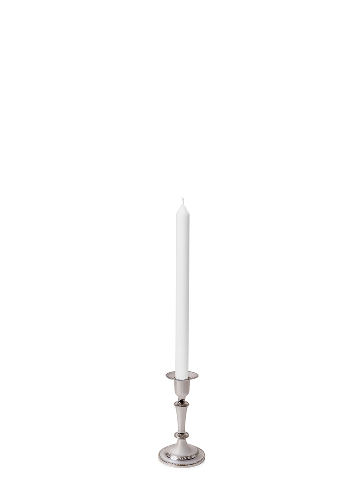 White 30cm Dinner Candles with Medium Antique Silver Eloise Candle Holders and Sleeves - Set of 12 Pack of 12