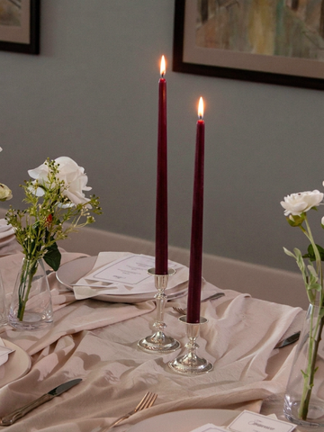 Burgundy 35cm Taper Candles with Medium Antique Silver Eloise Candle Holders - Set of 12 Pack of 12
