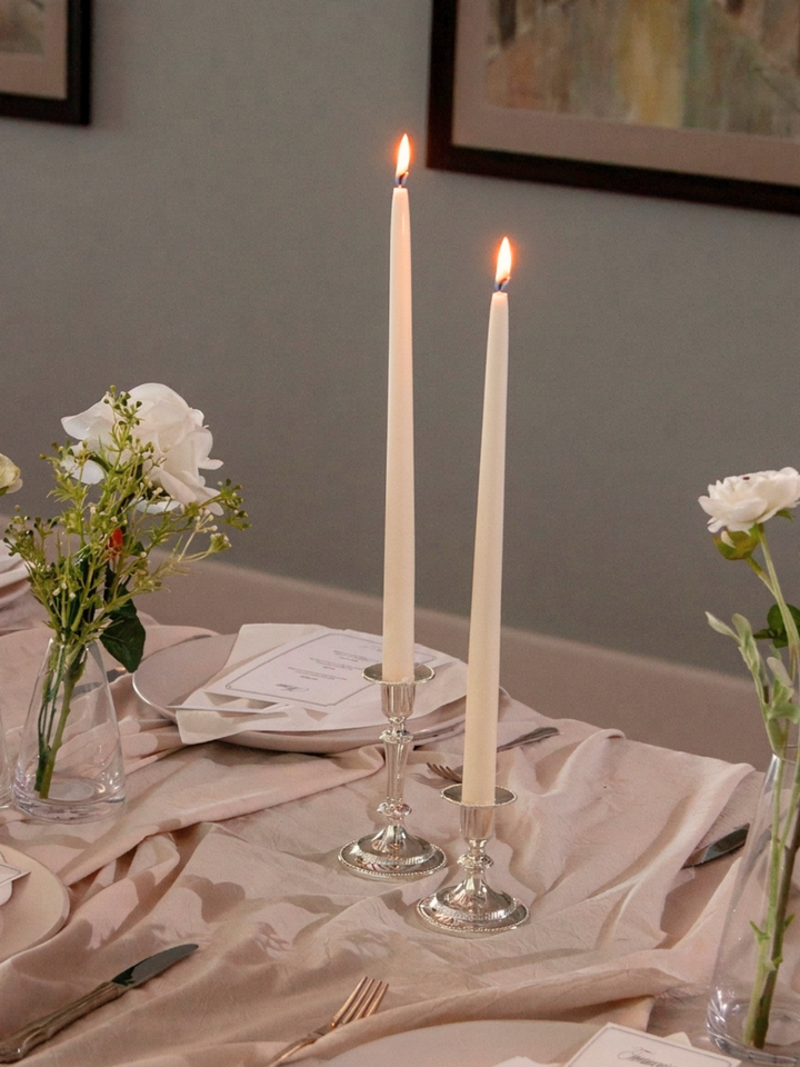 Ivory 35cm Taper Candles with Medium Antique Silver Eloise Candle Holders - Set of 12 Pack of 12