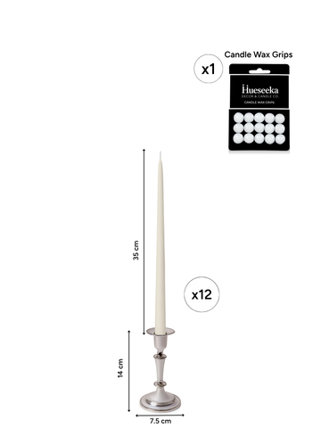 Ivory 35cm Taper Candles with Medium Antique Silver Eloise Candle Holders - Set of 12 Pack of 12