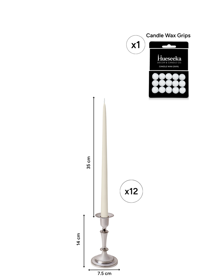 Ivory 35cm Taper Candles with Medium Antique Silver Eloise Candle Holders - Set of 12 Pack of 12