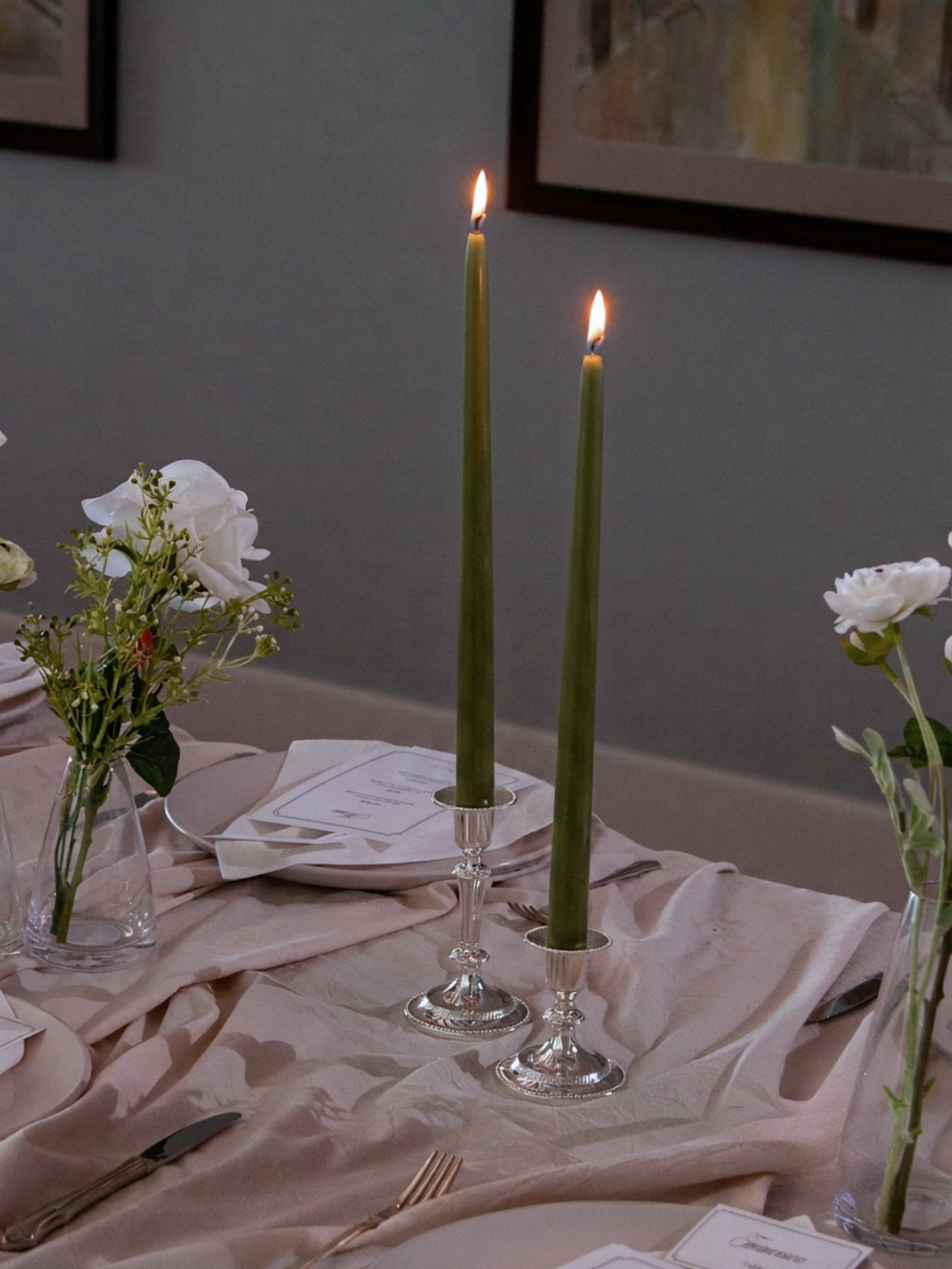 Olive 35cm Taper Candles with Medium Antique Silver Eloise Candle Holders - Set of 12 Pack of 12