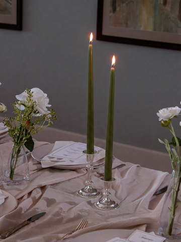 Olive 35cm Taper Candles with Medium Antique Silver Eloise Candle Holders - Set of 12 Pack of 12