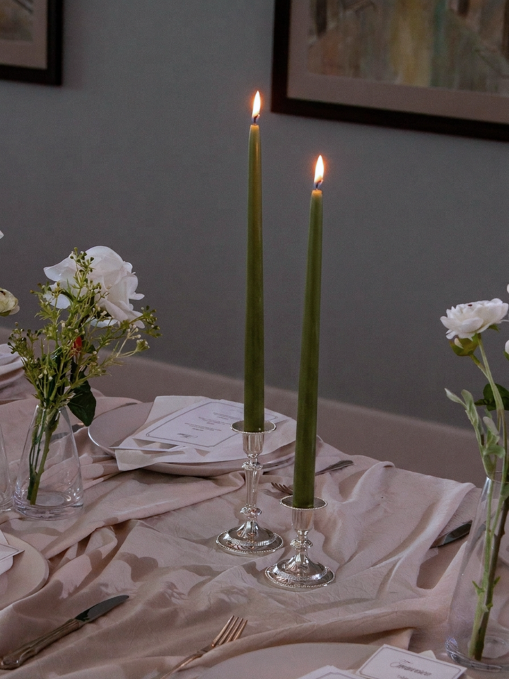 Olive 35cm Taper Candles with Medium Antique Silver Eloise Candle Holders - Set of 12 Pack of 12
