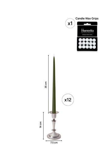 Olive 35cm Taper Candles with Medium Antique Silver Eloise Candle Holders - Set of 12 Pack of 12