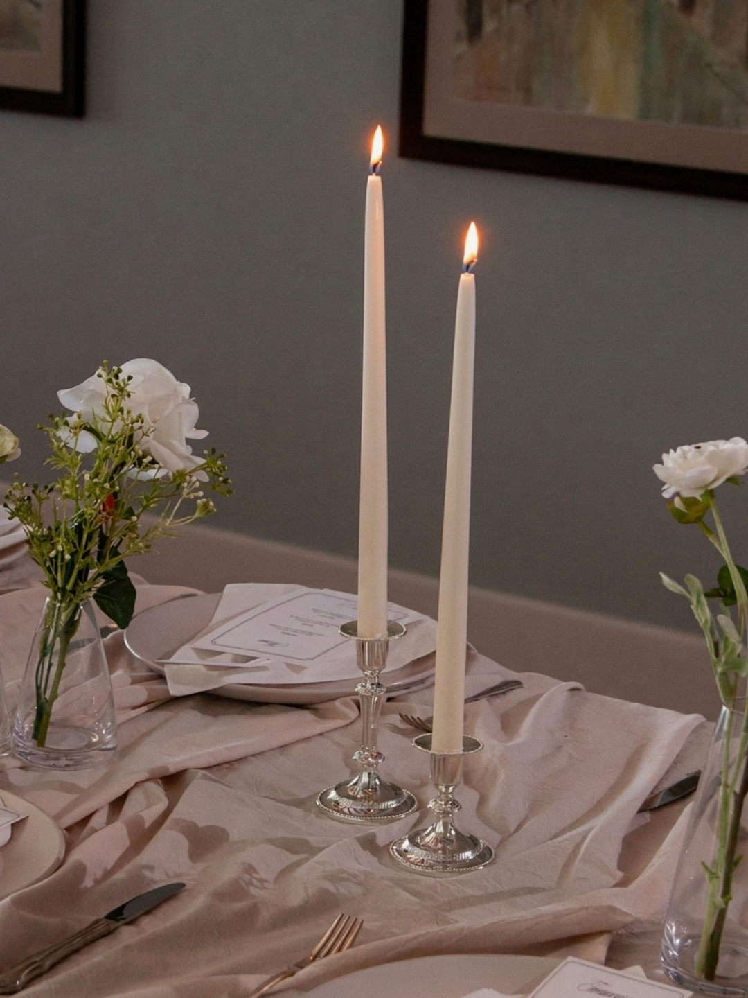 Sandstone 35cm Taper Candles with Medium Antique Silver Eloise Candle Holders - Set of 12 Pack of 12