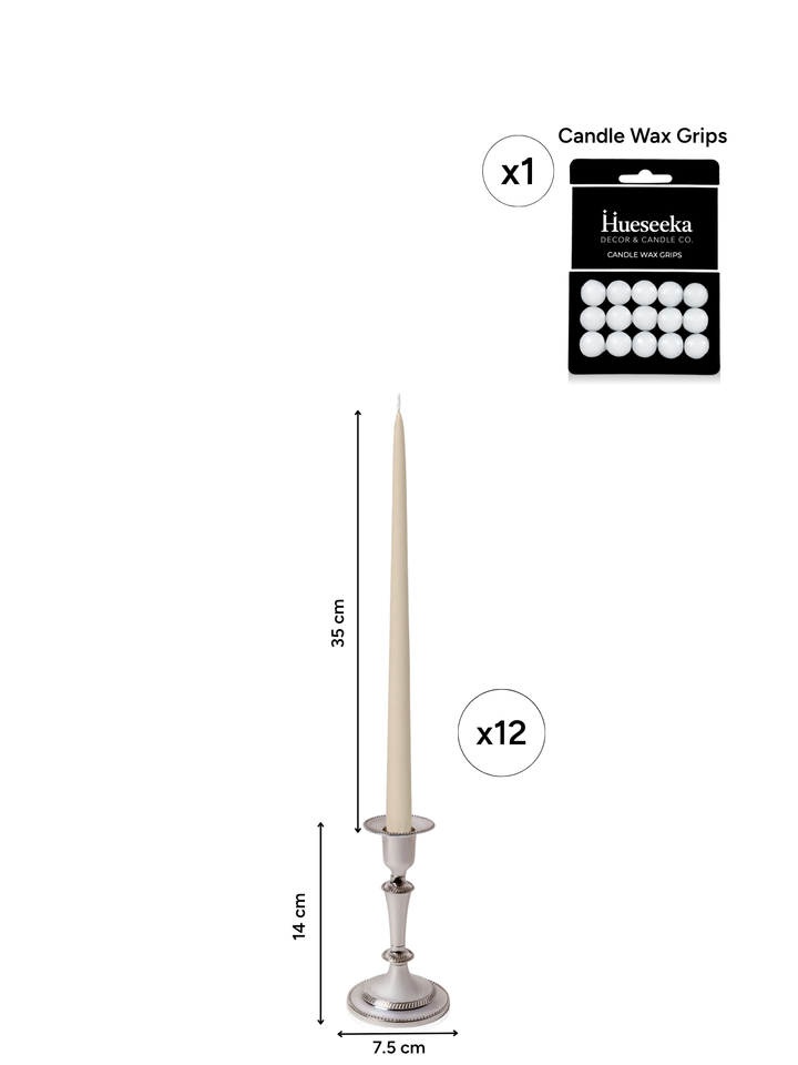 Sandstone 35cm Taper Candles with Medium Antique Silver Eloise Candle Holders - Set of 12 Pack of 12