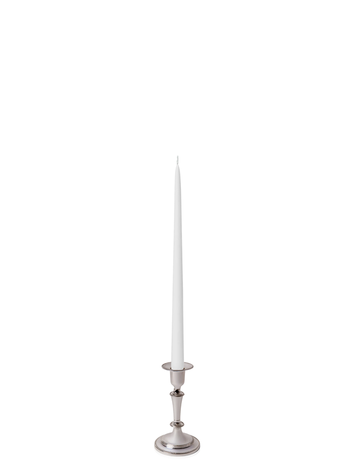 White 35cm Taper Candles with Medium Antique Silver Eloise Candle Holders - Set of 12 Pack of 12