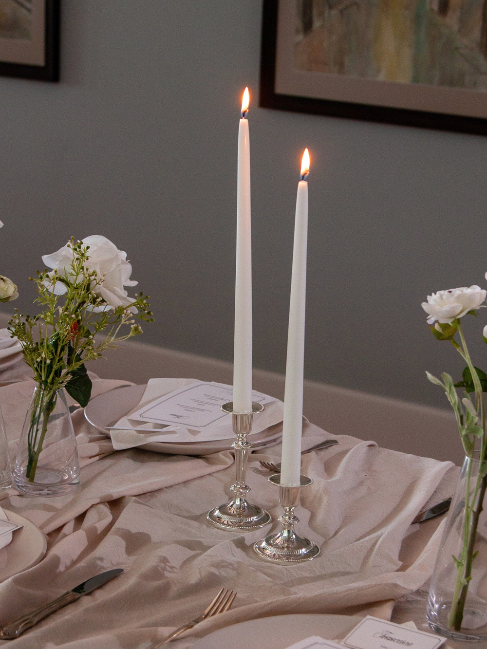 White 35cm Taper Candles with Medium Antique Silver Eloise Candle Holders - Set of 12 Pack of 12