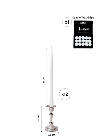 White 35cm Taper Candles with Medium Antique Silver Eloise Candle Holders - Set of 12 Pack of 12
