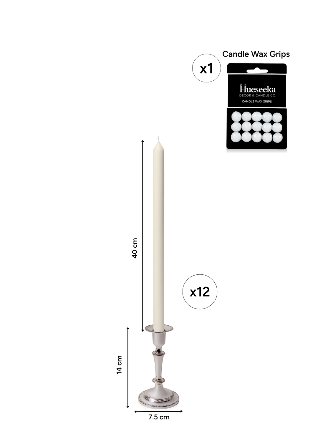Ivory 40cm Dinner Candles with Medium Antique Silver Eloise Candle Holders - Set of 12 Pack of 12