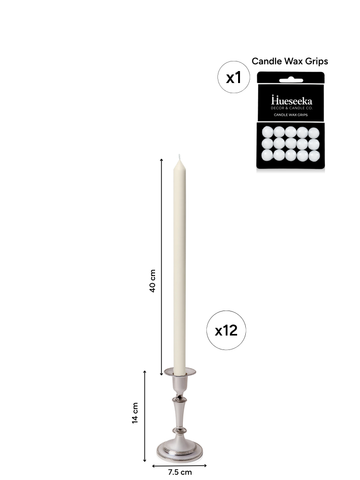 Ivory 40cm Dinner Candles with Medium Antique Silver Eloise Candle Holders - Set of 12 Pack of 12