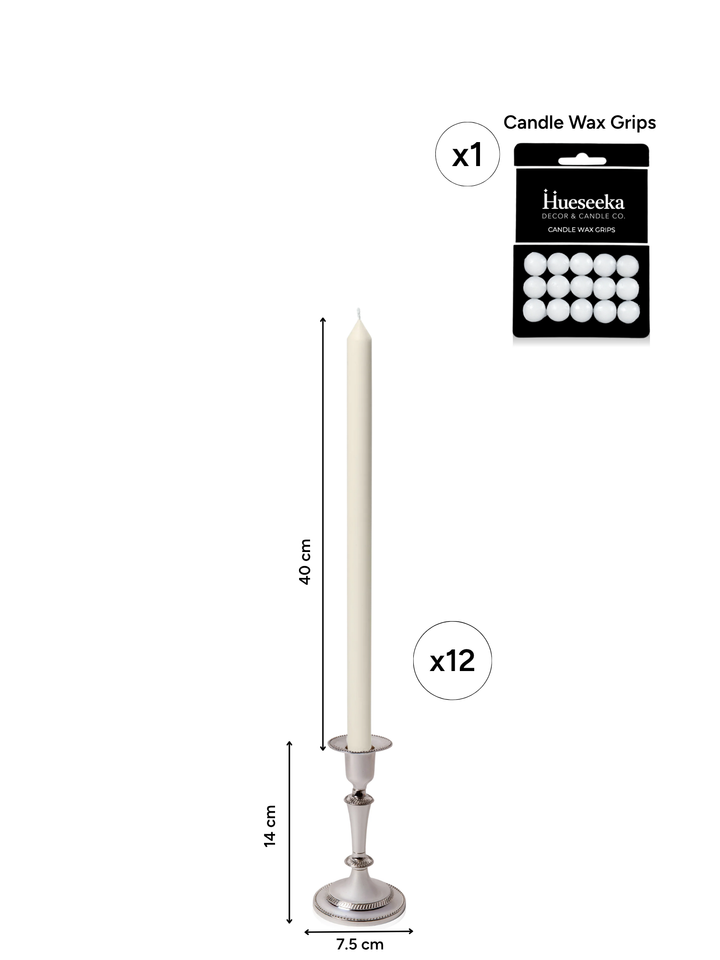 Ivory 40cm Dinner Candles with Medium Antique Silver Eloise Candle Holders - Set of 12 Pack of 12