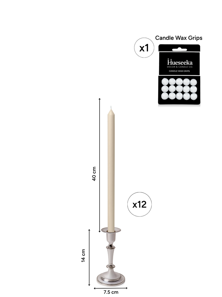 Sandstone 40cm Dinner Candles with Medium Antique Silver Eloise Candle Holders - Set of 12 Pack of 12