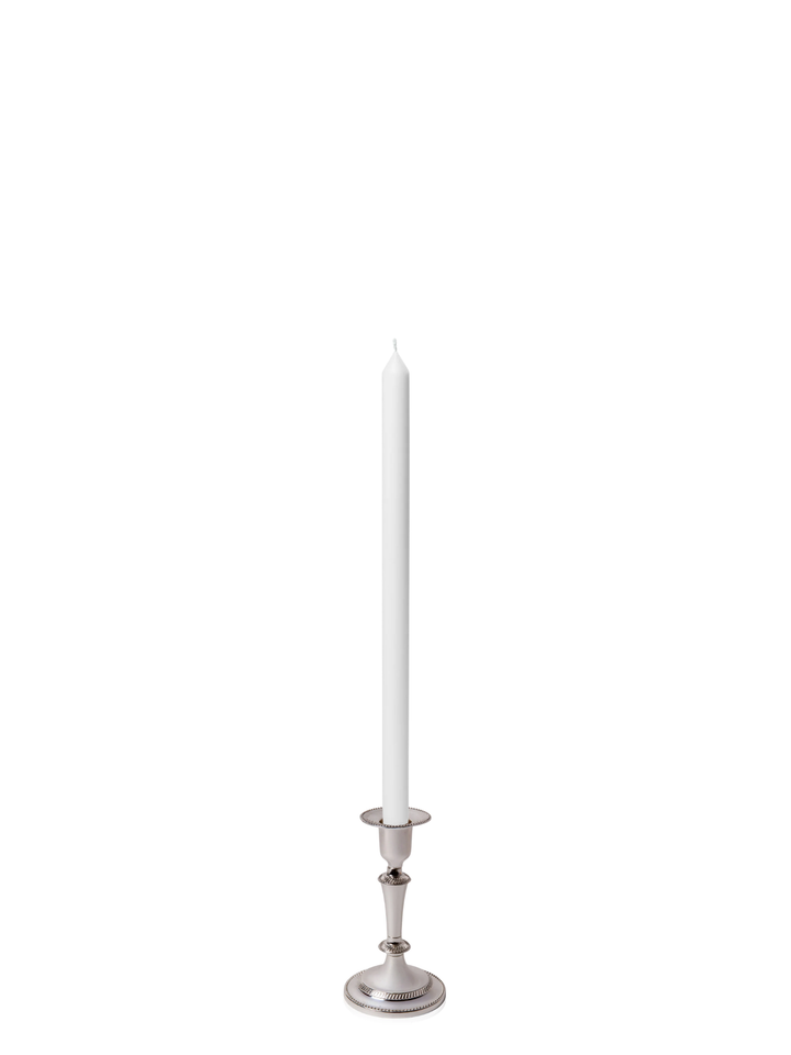 White 40cm Dinner Candles with Medium Antique Silver Eloise Candle Holders - Set of 12 Pack of 12