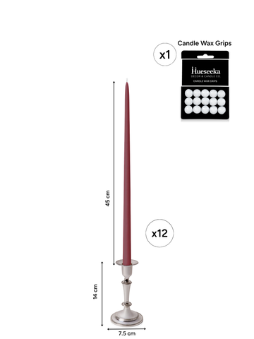 Burgundy 45cm Taper Candles with Medium Antique Silver Eloise Candle Holders - Set of 6 Pack of 6